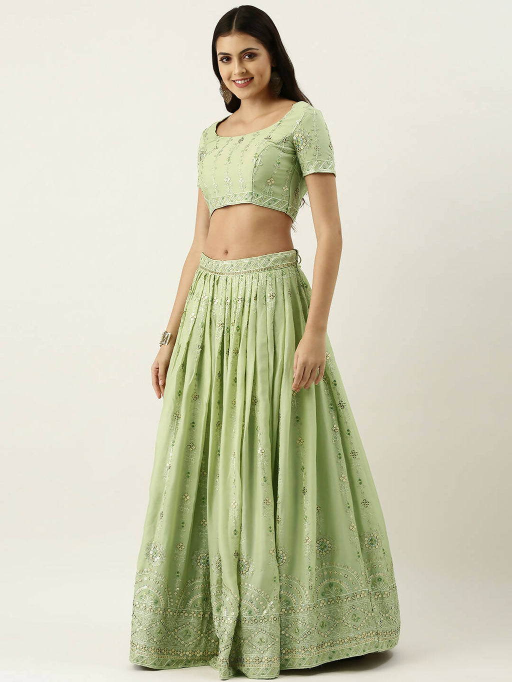 House of Panchhi Pista Green Pure Georgette Embroidered Lehenga & Blouse, Dupatta