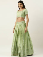 House of Panchhi Pista Green Pure Georgette Embroidered Lehenga & Blouse, Dupatta