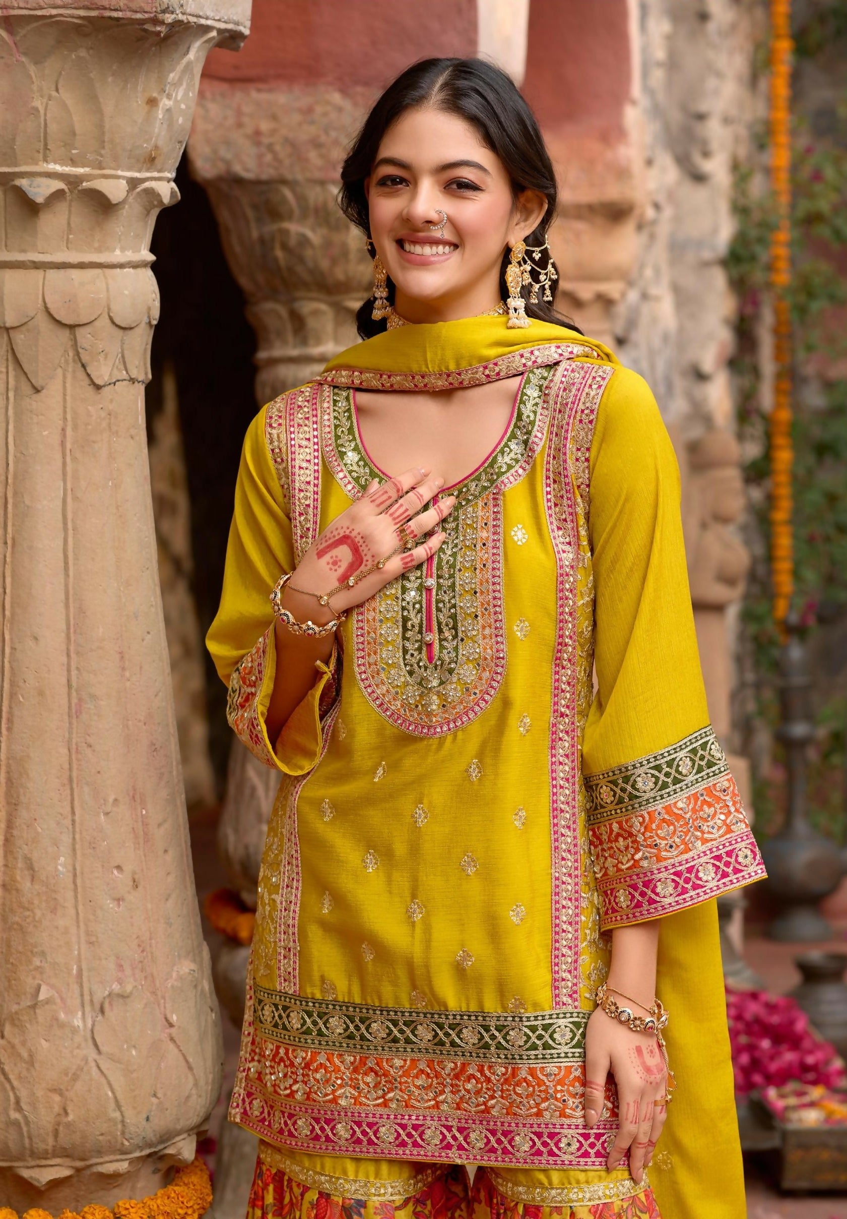 Anaita Yellow Chinon Readymade Palazzo Suit with Codding Dori & Sequence Work - Distacart