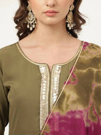 FIORRA Women's Olive Poly Crepe A-Line Kurta Pant With Dupatta