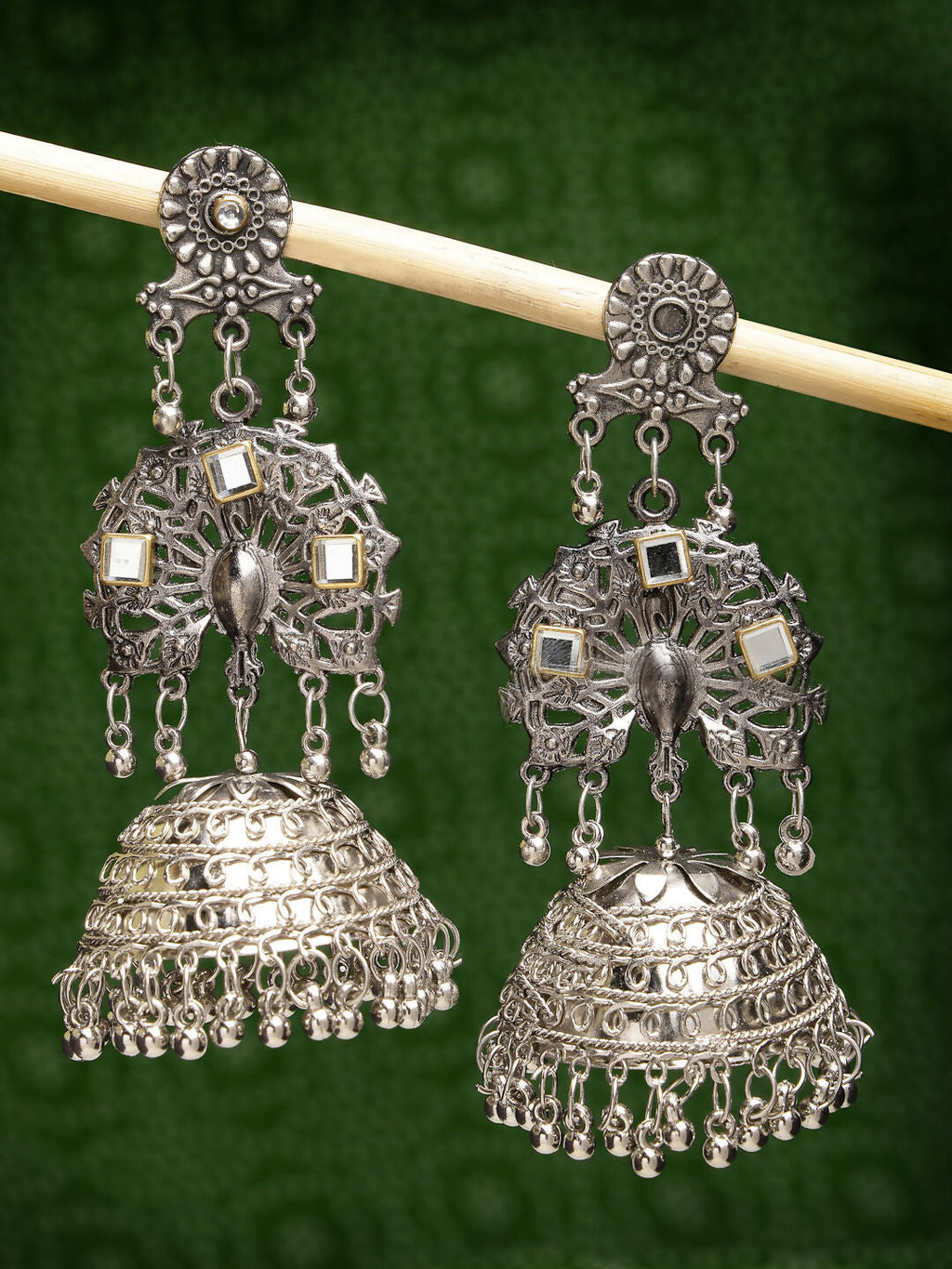 NVR Women's Silver Plated Mirror Work Oxidised Contemporary Jhumka Earrings - Distacart
