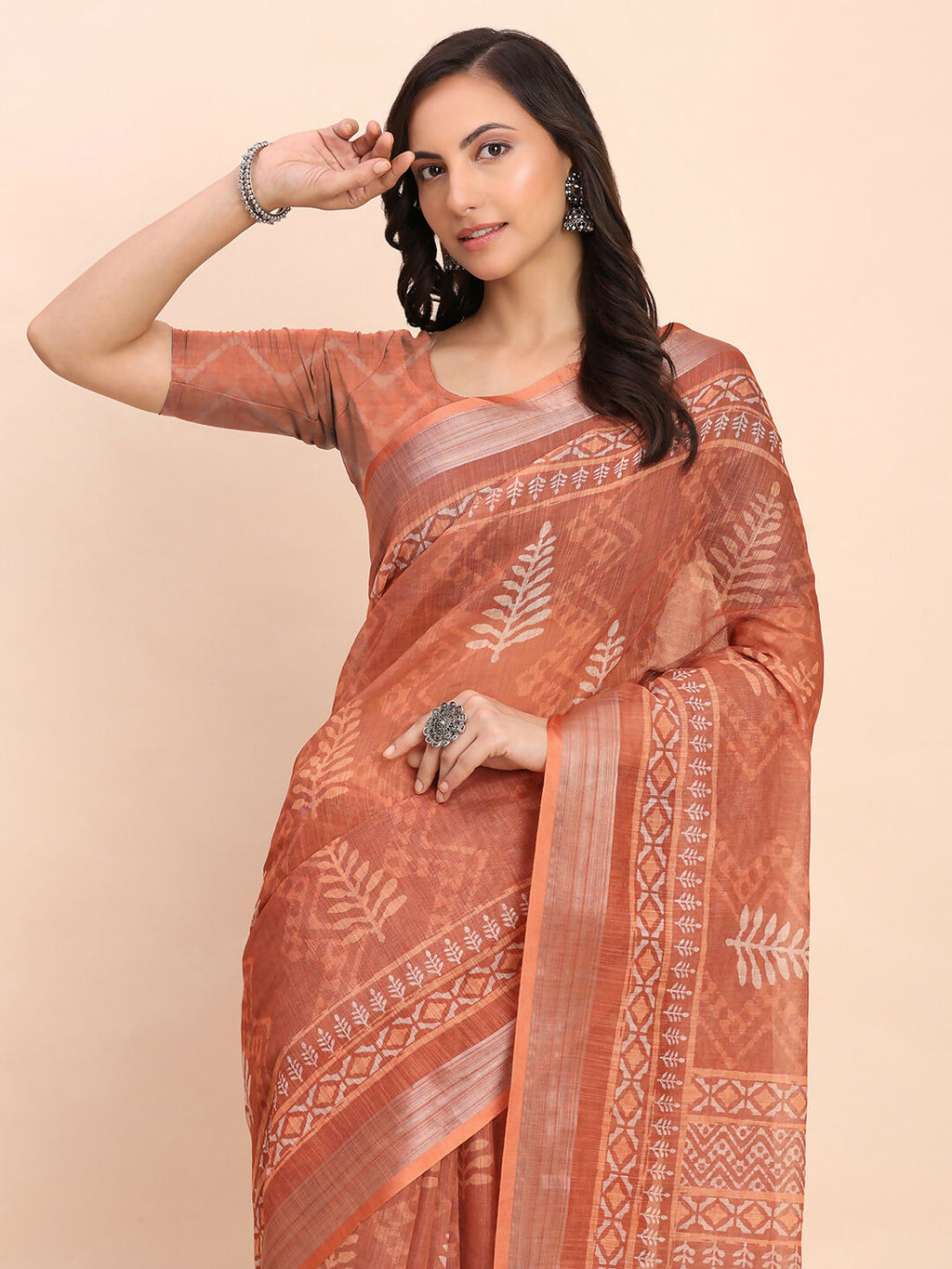 Shree Shyam Fashion Linen Cotton Rust Saree - Distacart
