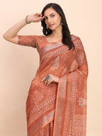 Shree Shyam Fashion Linen Cotton Rust Saree - Distacart