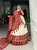 Lorenvalley Offwhite and Red Tussar Silk Patola Print Lehenga Choli