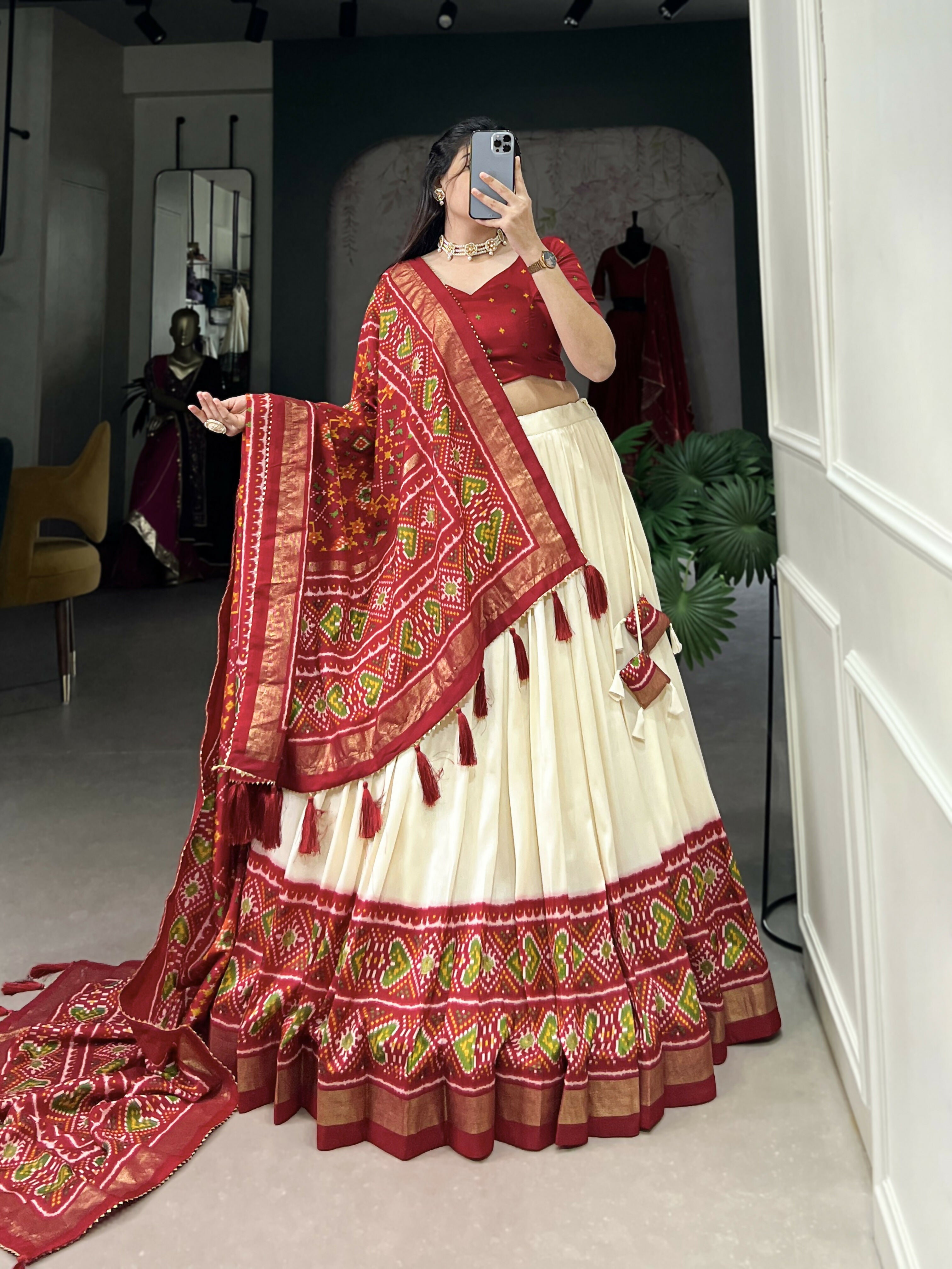 Lorenvalley Offwhite and Red Tussar Silk Patola Print Lehenga Choli