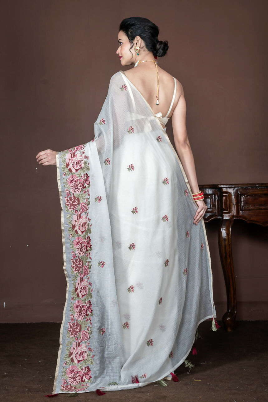 Morchari Off White Supernet Cross Embroidery Saree Unstitched Blouse - Distacart