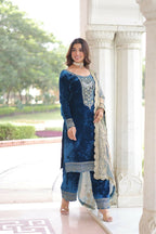 Vastranavya Morpeach Velvet With Rich Sequins & Zari Embroidered Work Top-Bottom With Dupatta - Distacart