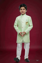 Raivat Ethnic Kids Banarasi Jacquard Woven Work Semi Indo Western Set Pista Green Colour