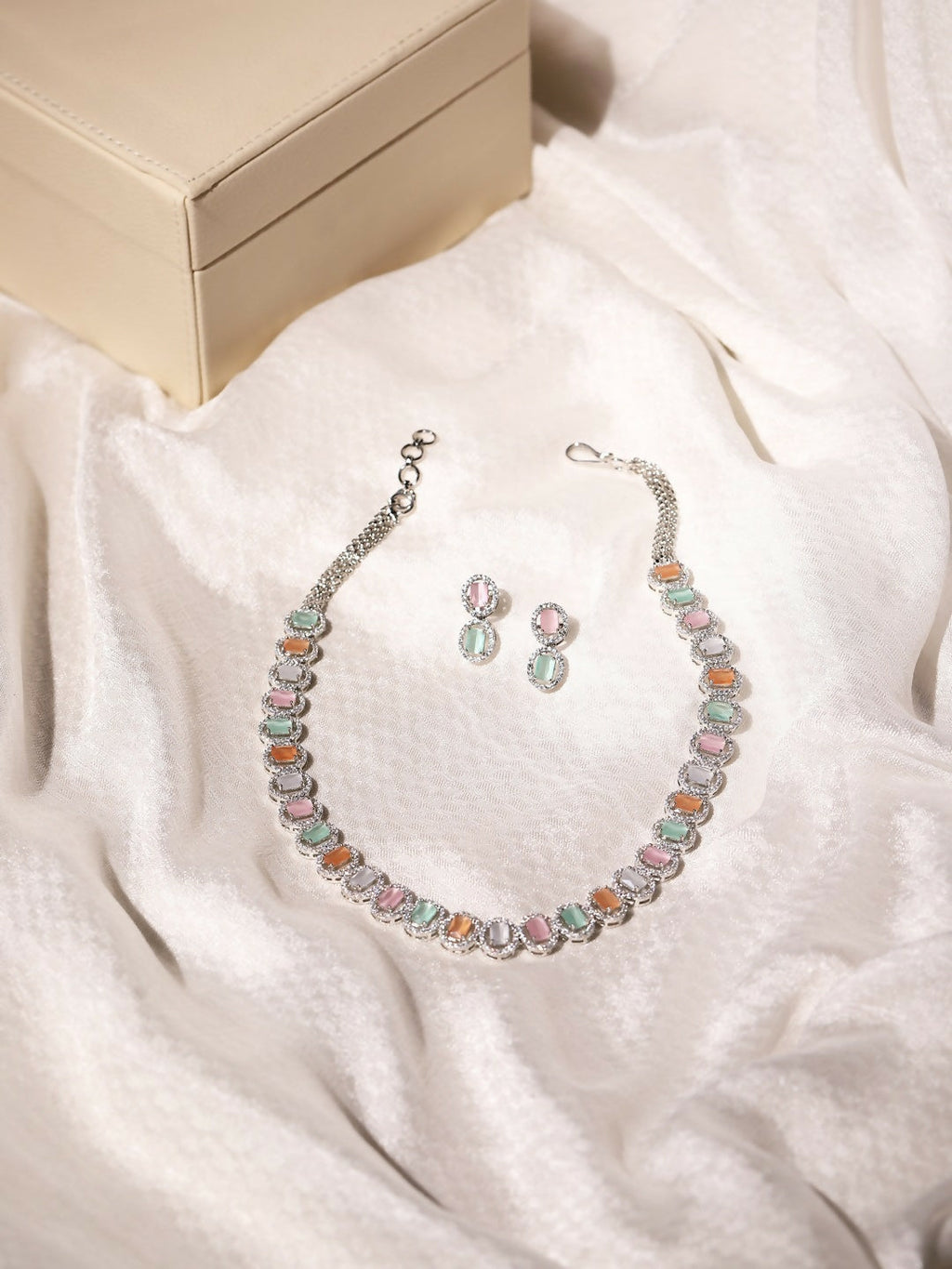 Blush Colored Diamond & Semi Precious Stone Neckpiece with Earrings- Ruby Raang
