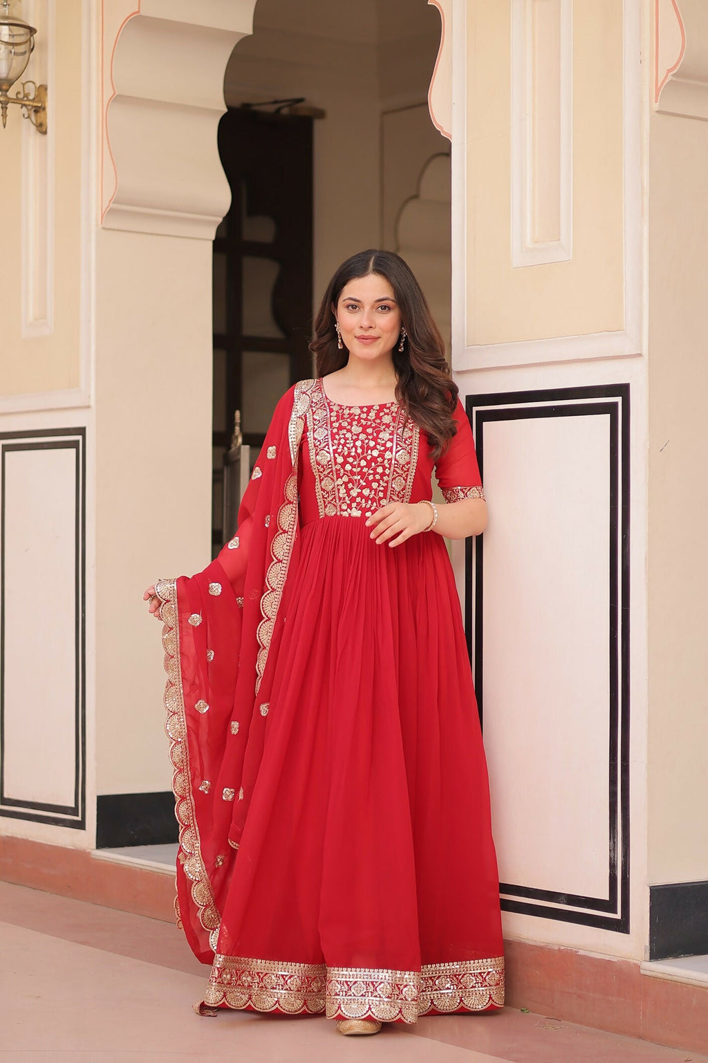 Joban Fashion Red Georgette Sequence Embroidery Work Kurta Set - Distacart