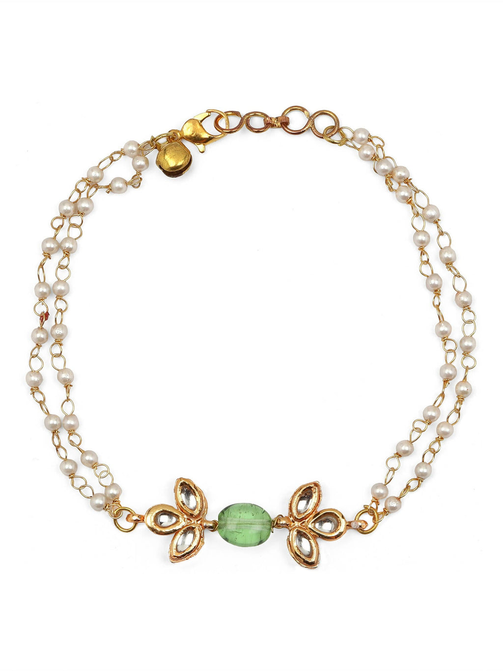 Gold Plated Green White Kundan Beads Anklet Set Of 2 - Ruby Raang - Distacart