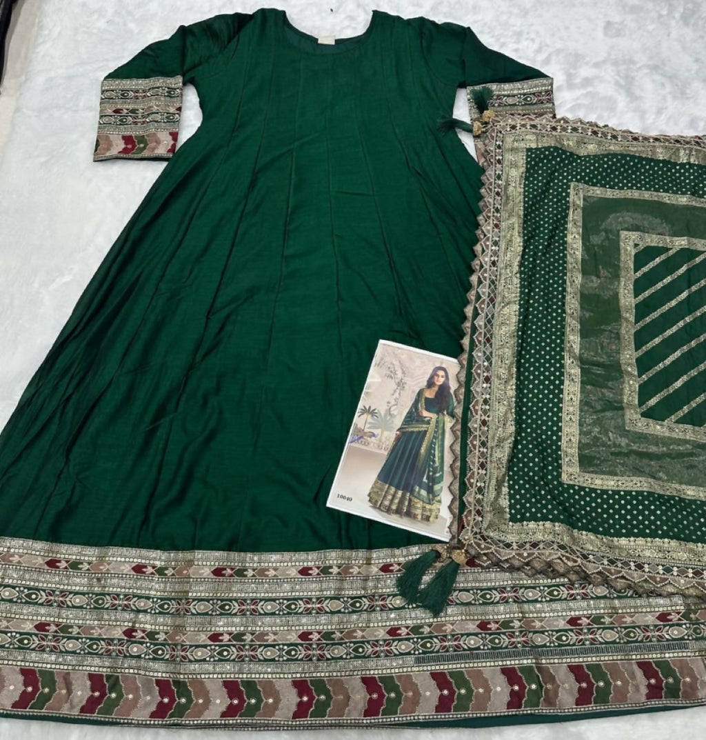 Anaita Dark Green Vichitra Silk Anarkali Suit with Embroidery Sequins - Distacart