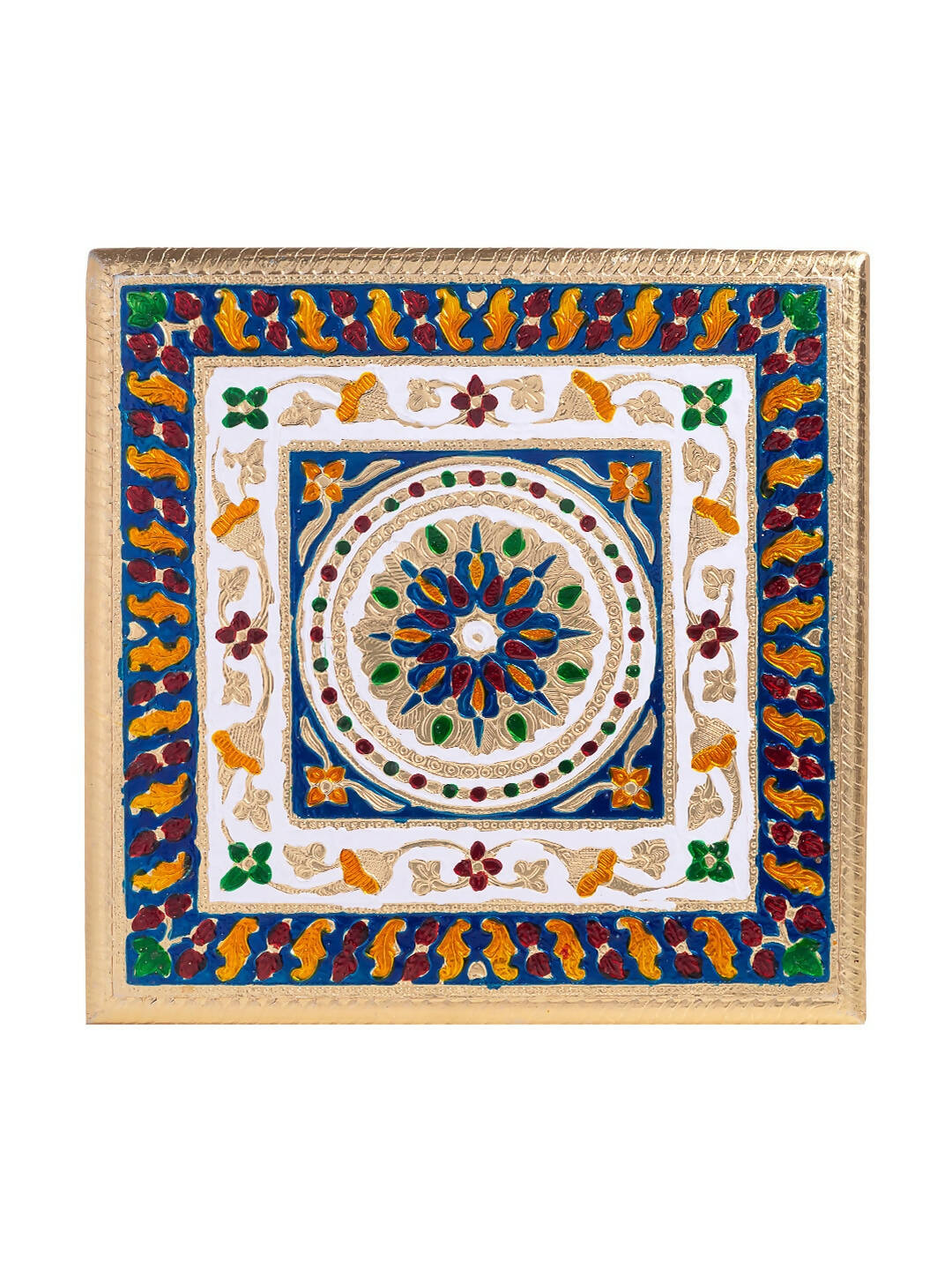 Golden Peacock Gold-Toned & Red Handcrafted Meenakari Wooden Chowki