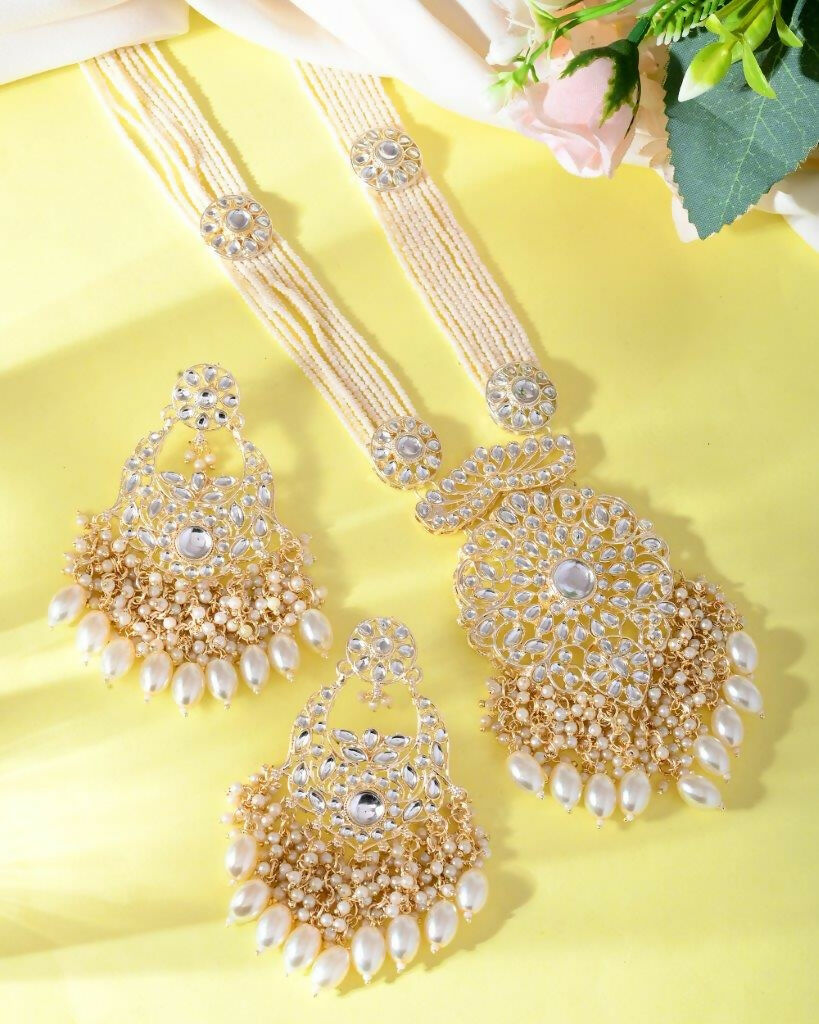 VOJ Gold-Polished Wedding Pearl Jewellery Set