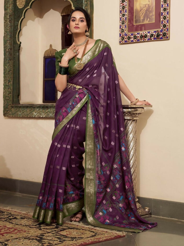 Vastranavya Wine Poly Cotton Kalamkari Printed Saree with Unstitched Blouse