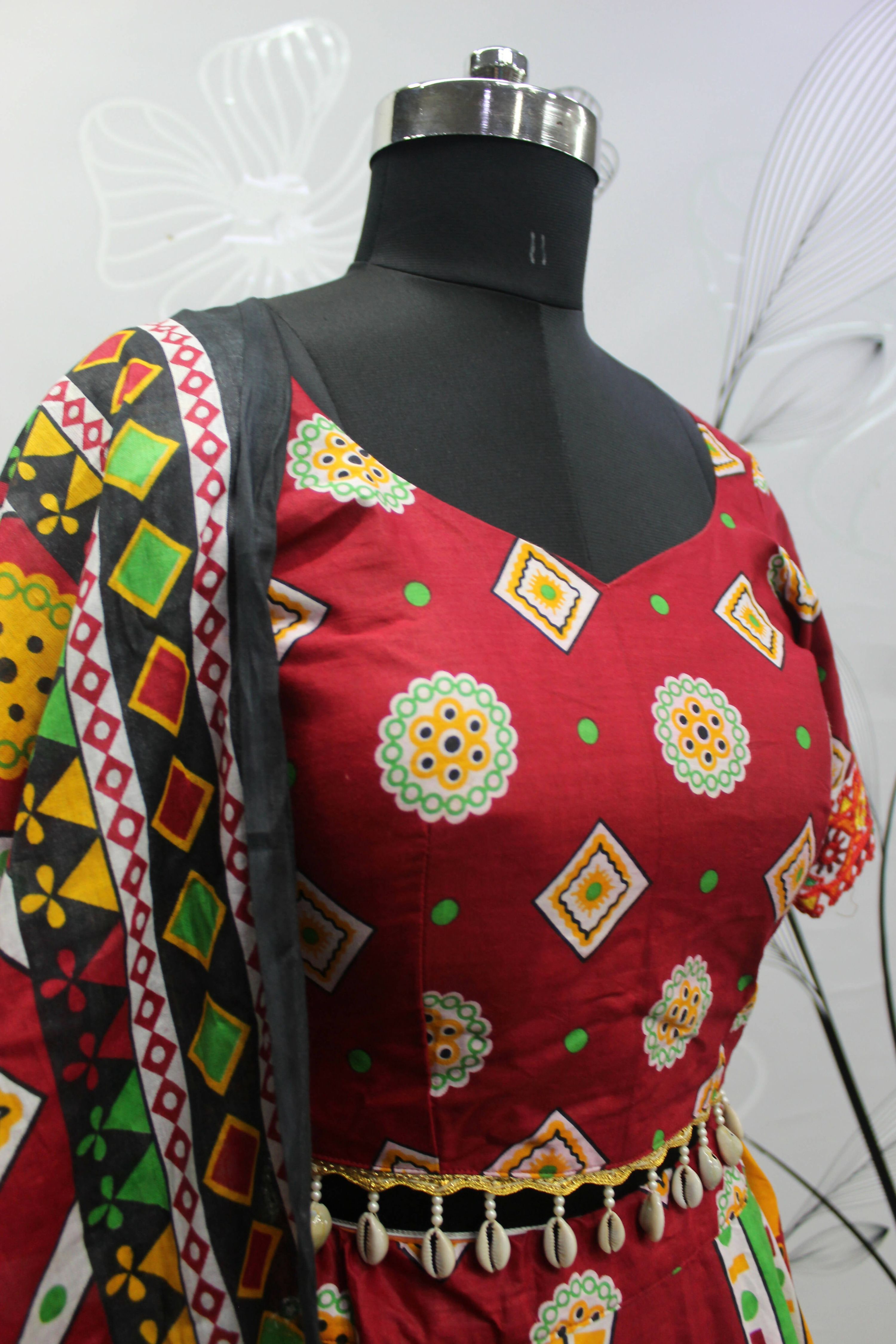 Multi Color Pure Cotton Hand Block Print Navratri Lehenga Choli with Dupatta - Raas