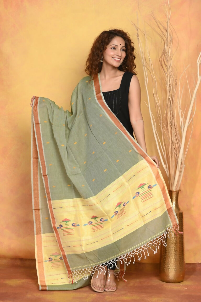 Very Much Indian Handloom Pure Cotton Paithani Dupatta - Green