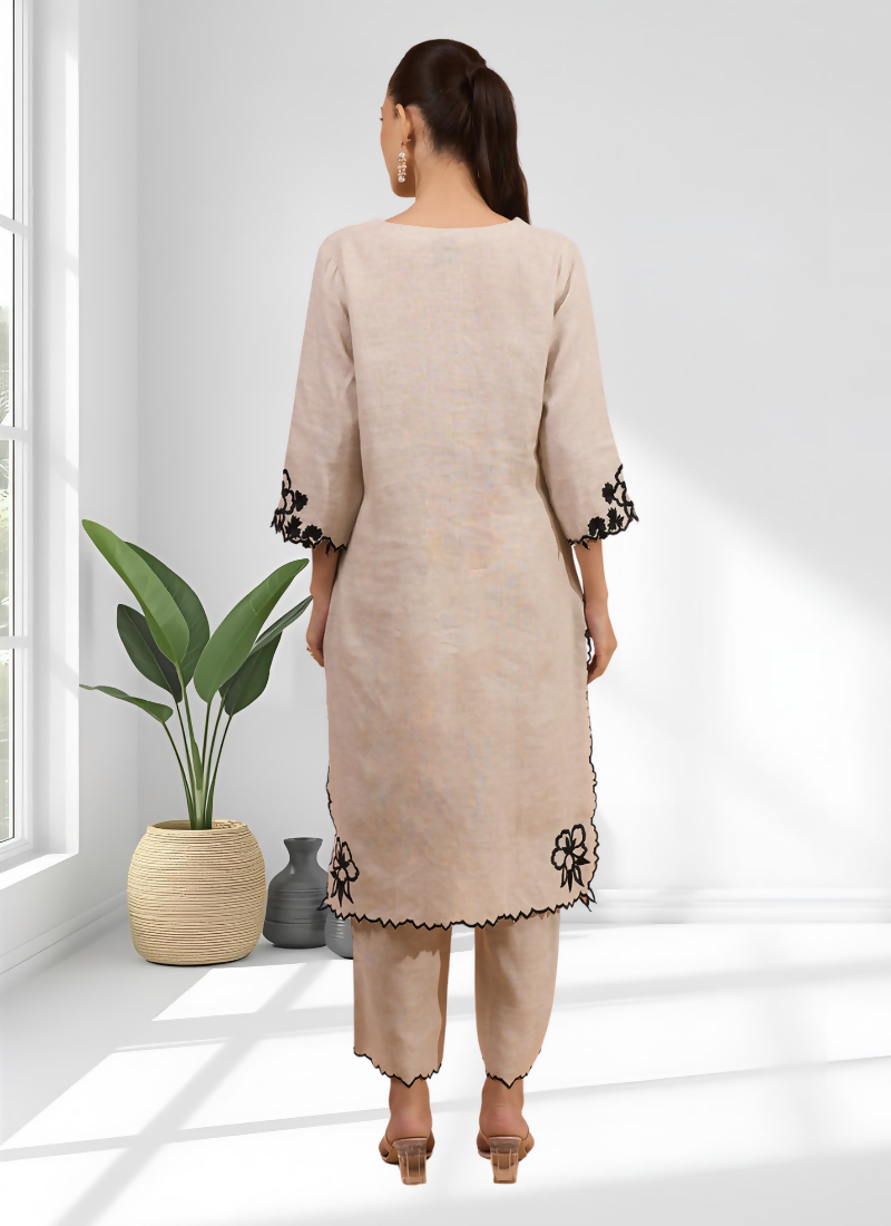 Joban Fashion Beige Linen Embroidered Readymade Long Kurta With Pant - Distacart