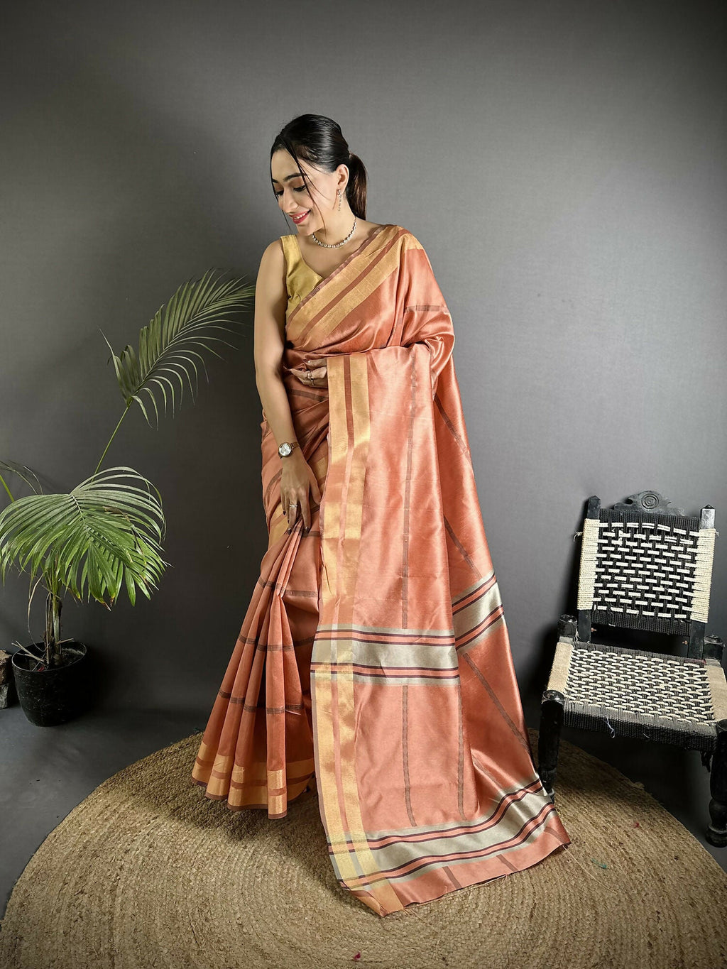 Joban Fashion Peach Woven Pattern Raw Silk Kanjivaram Silk Saree - Distacart