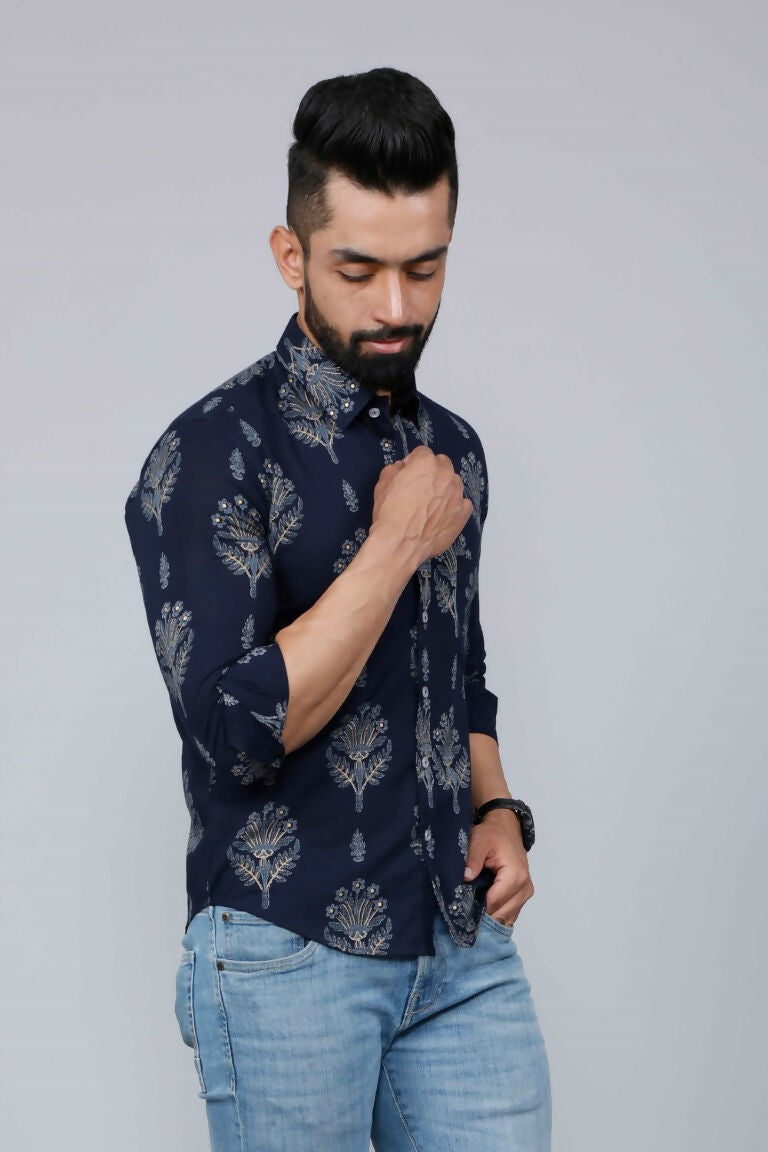 Miravan Men's Blue Spread Collar Floral Print Shirt