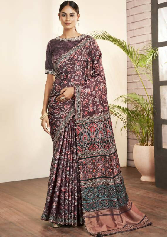 Purple Gajji Silk Floral Print with Hand work Border Saree - Norita Nirvi