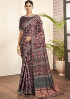 Purple Gajji Silk Floral Print with Hand work Border Saree - Norita Nirvi