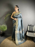 Joban Fashion Dark Grey Woven Pattern Raw Silk Kanjivaram Silk Saree - Distacart