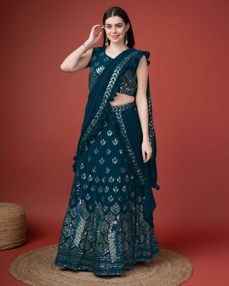 Teal Georgette Sequence Embroidered Lehenga Choli with Dupatta - Tanya