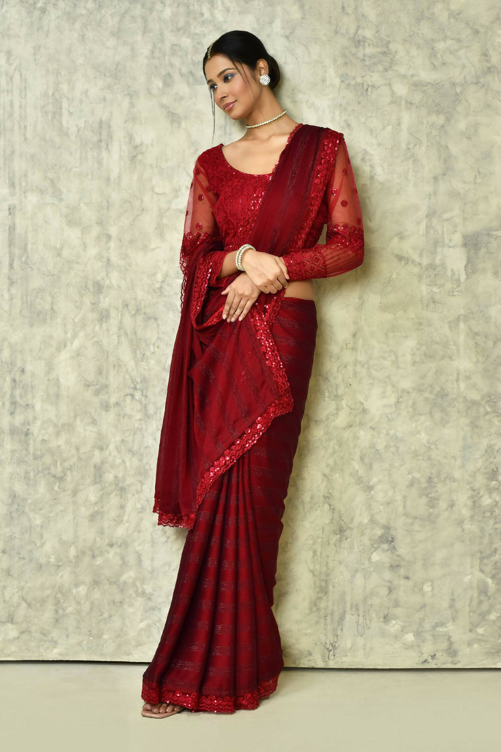 Maroon Silk Stripe Saree With Blouse Piece - Purvi