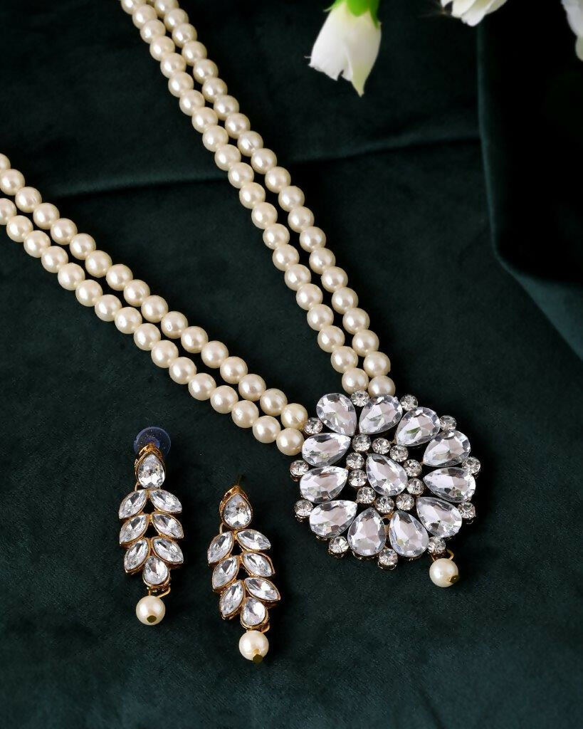 VOJ Gold-Polished Kundan Studded Pearl Long Necklace And Earrings Set