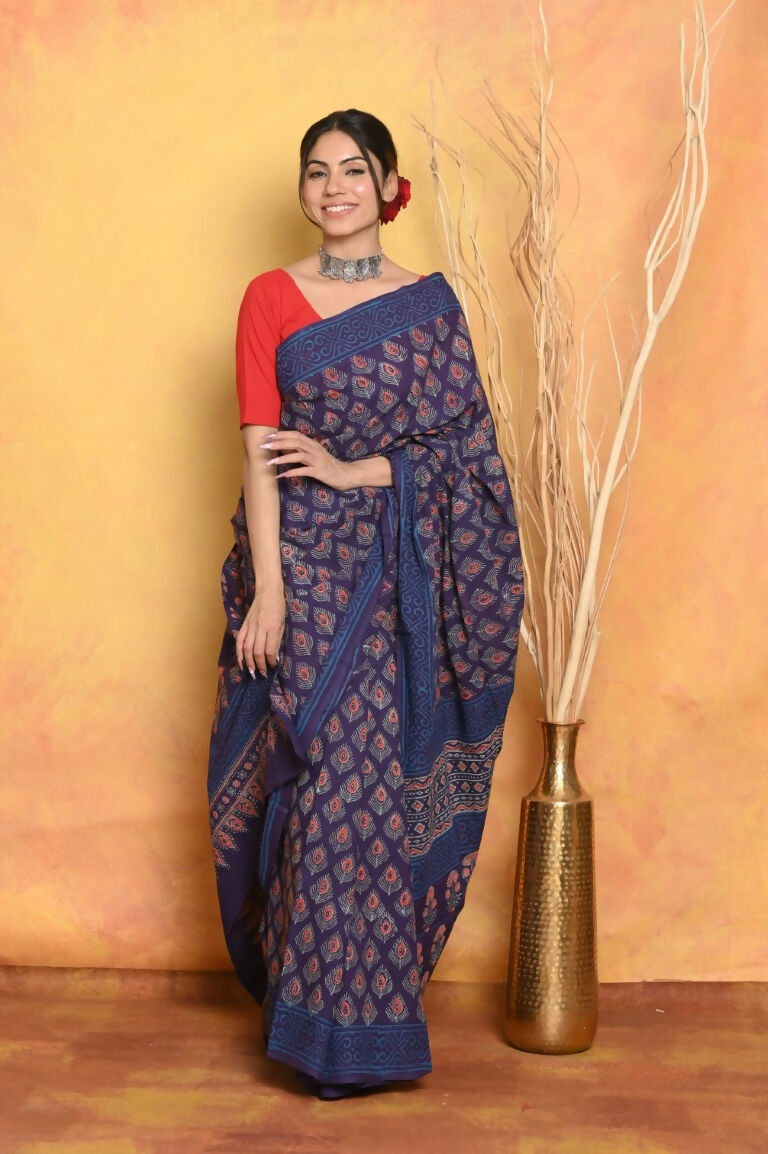 Very Much Indian Handblock Printed Cotton Saree With Natural Dyes - Blue - Distacart