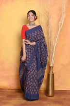 Very Much Indian Handblock Printed Cotton Saree With Natural Dyes - Blue - Distacart