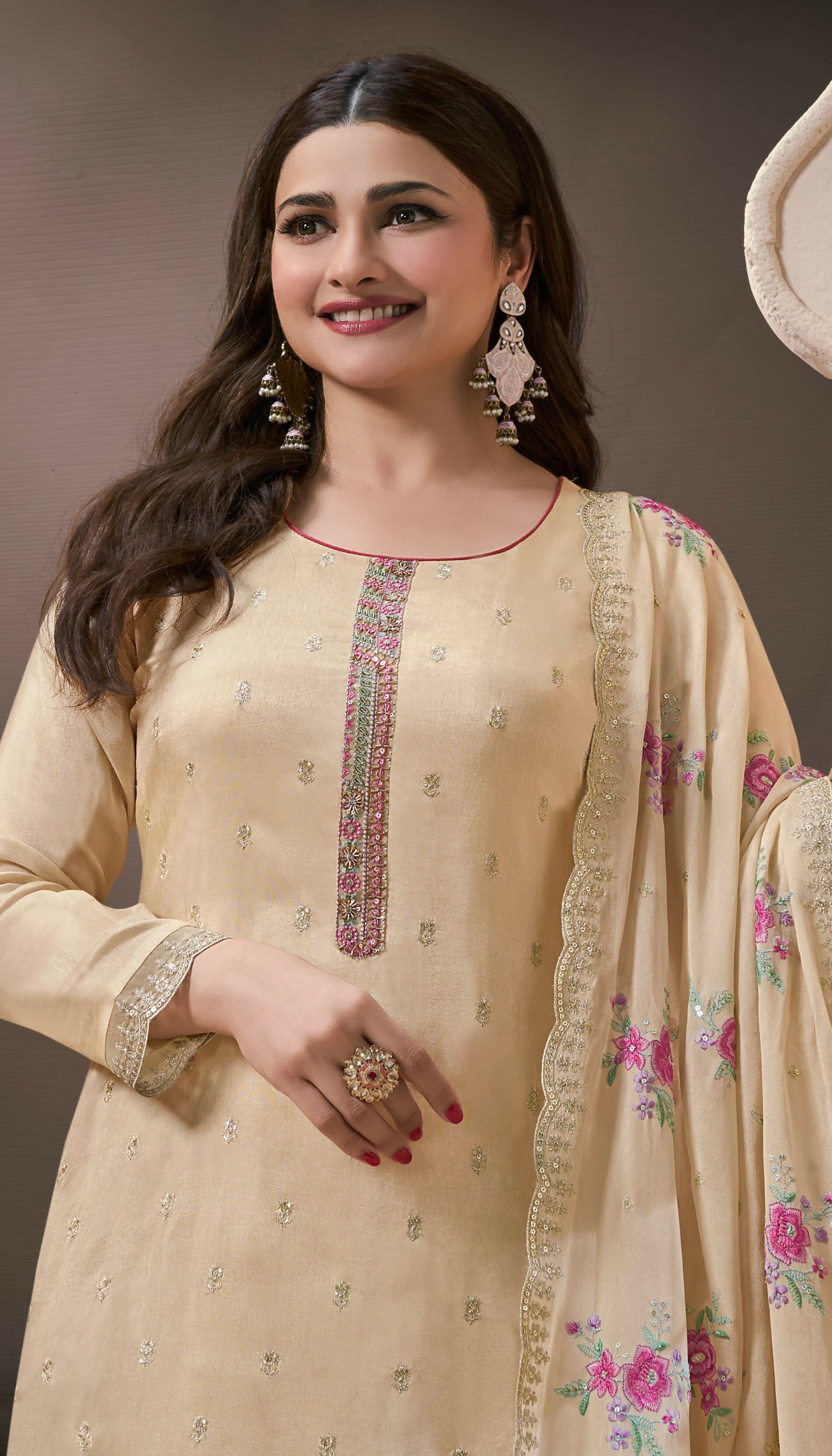 Anaita Cream Silk Embroidered Stitched Salwar Suit - Distacart