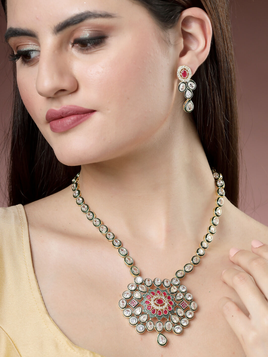 NVR Women's Red & Gold Kundan Studded Handcrafted Jewellery Set