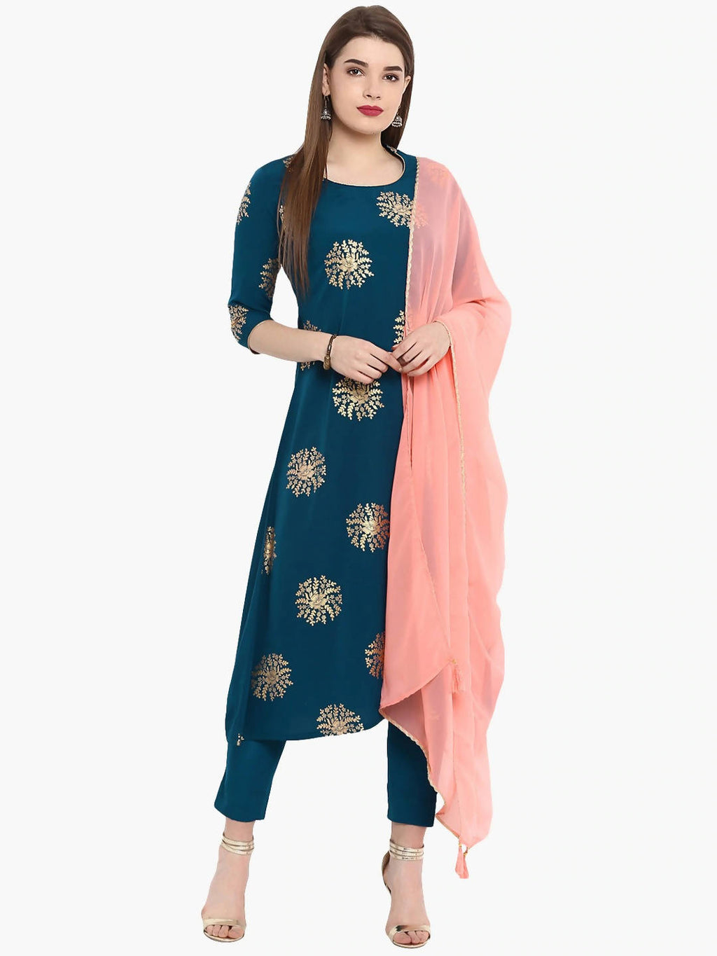 Janasya Flower Golden Foil Kurta Set with Dipped Hemline - Distacart
