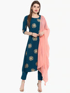 Janasya Flower Golden Foil Kurta Set with Dipped Hemline - Distacart