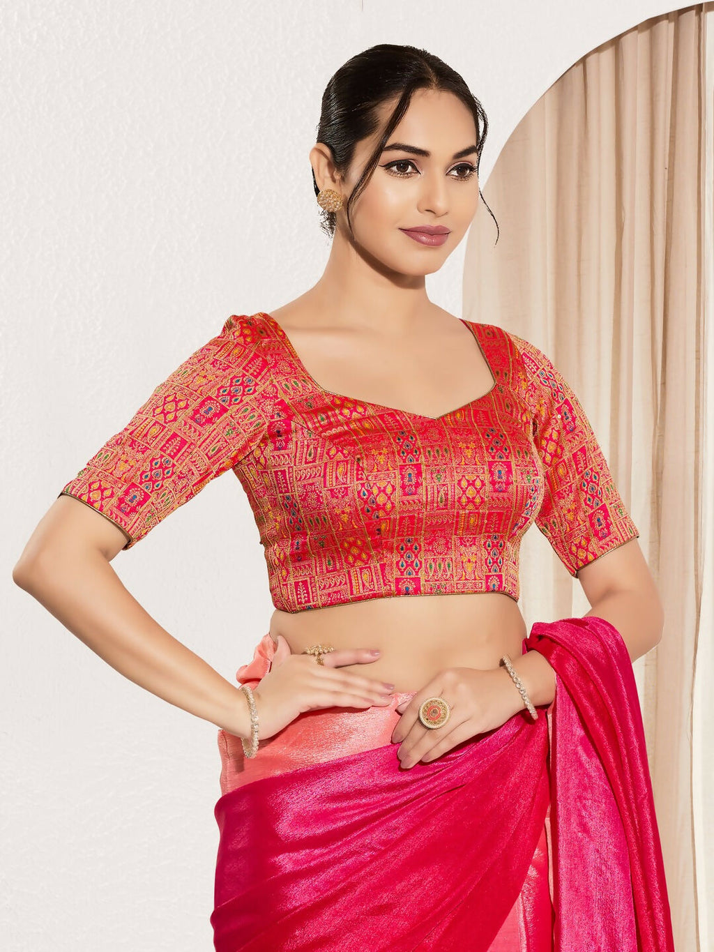 Joban Fashion Red Brocade Padded Blouse With Round Neck Elbow Sleeves - Distacart