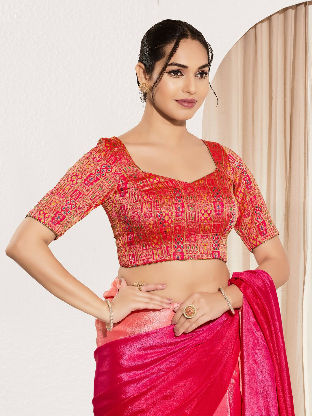Joban Fashion Red Brocade Padded Blouse With Round Neck Elbow Sleeves - Distacart