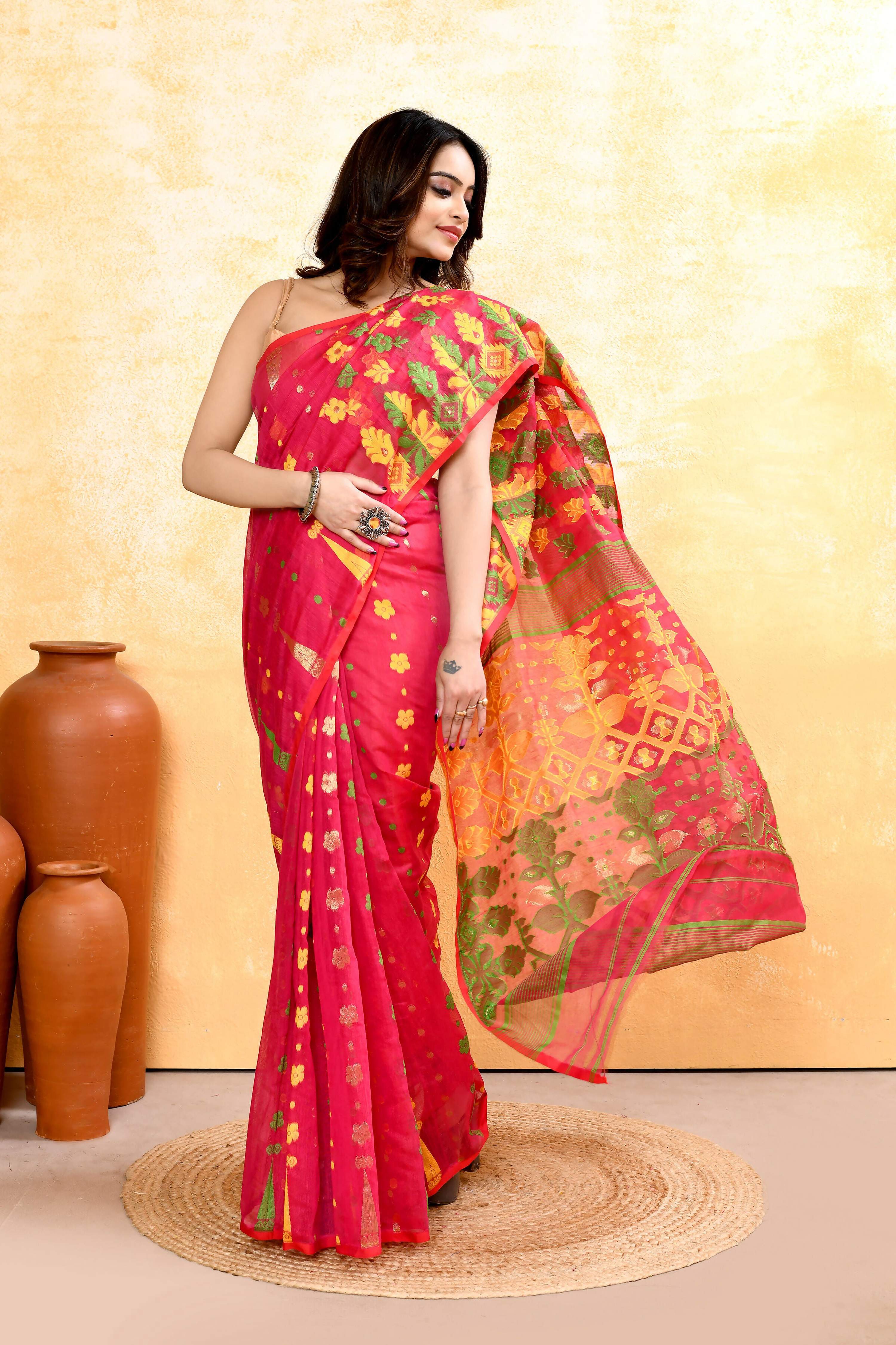 Piyari Fashion Women's Red Embellished Cotton Blend Jamdani Saree - Distacart