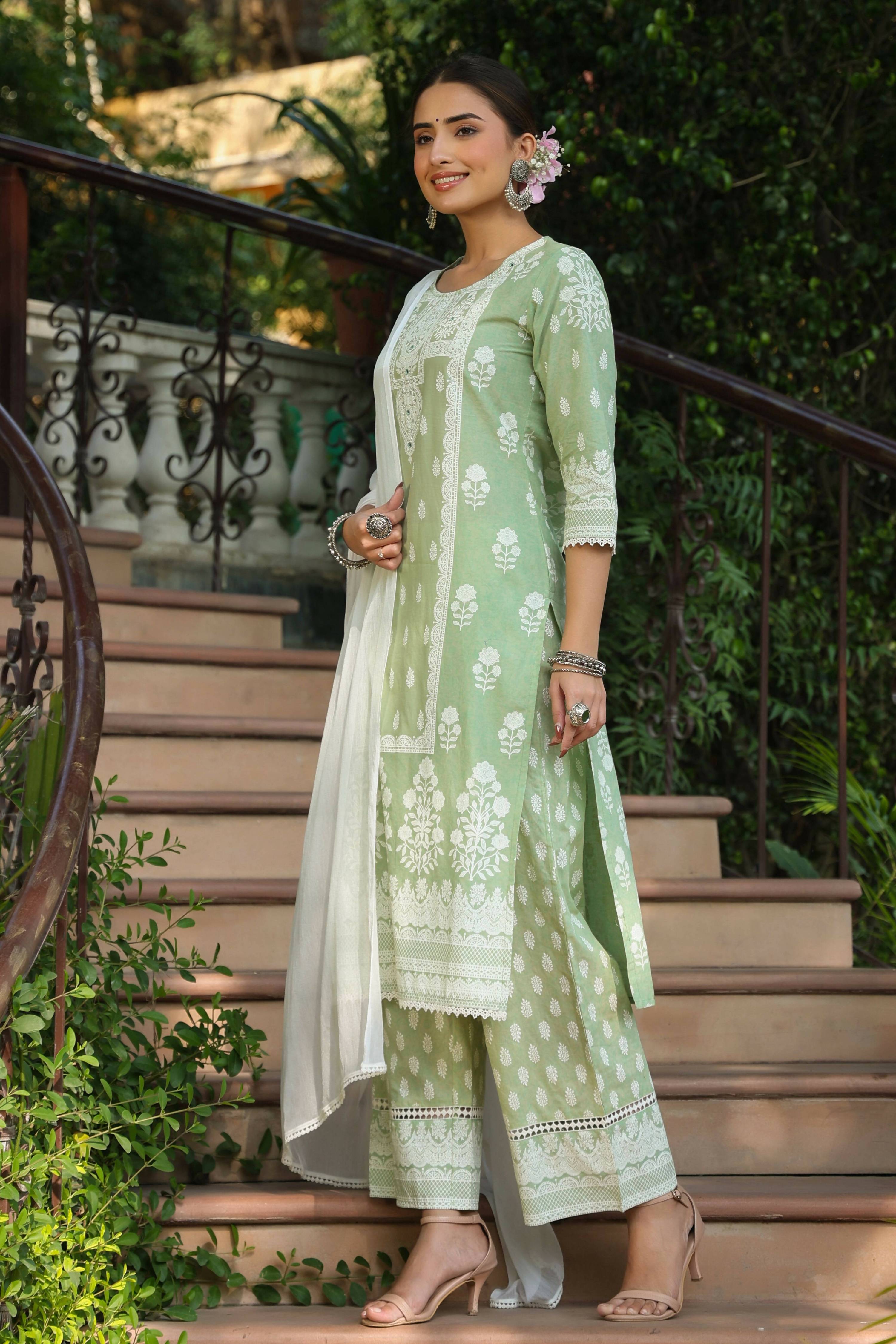 Juniper Women's Green Cambric Printed Straight Kurta Sets - Distacart