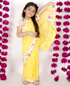 Little Bansi Girls Yellow Color 90's Era Saree with Silk Floral Blouse