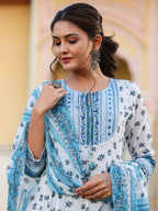Juniper Women's White Cotton Voile Floral Printed Kurta With Cambric Straight Pant And Voile Duptta - Distacart