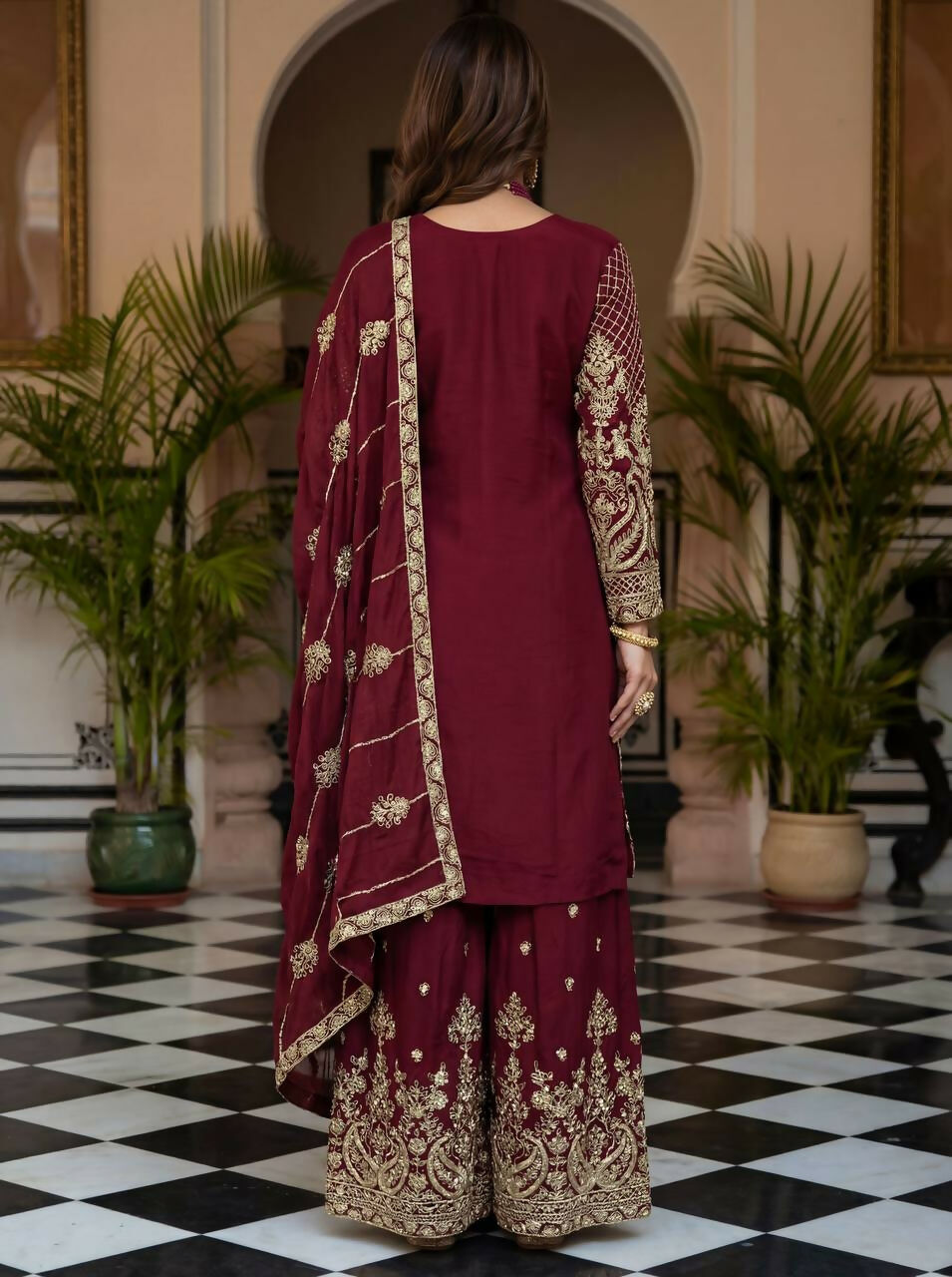 Joban Fashion Maroon Silk Embroidered Sharara Set - Distacart