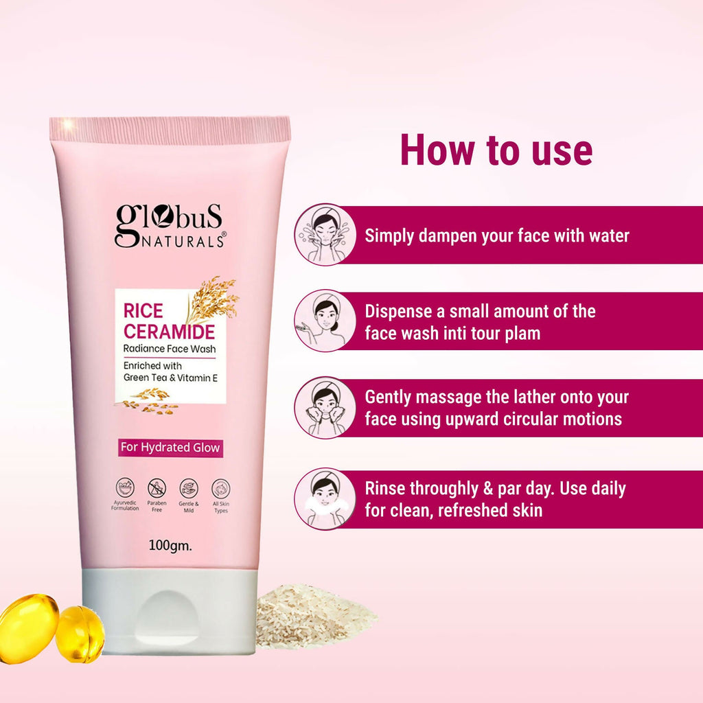 Globus Naturals Rice Ceramide Face Wash For Hydrated Glow, Enriched with Green Tea & Vitamin E