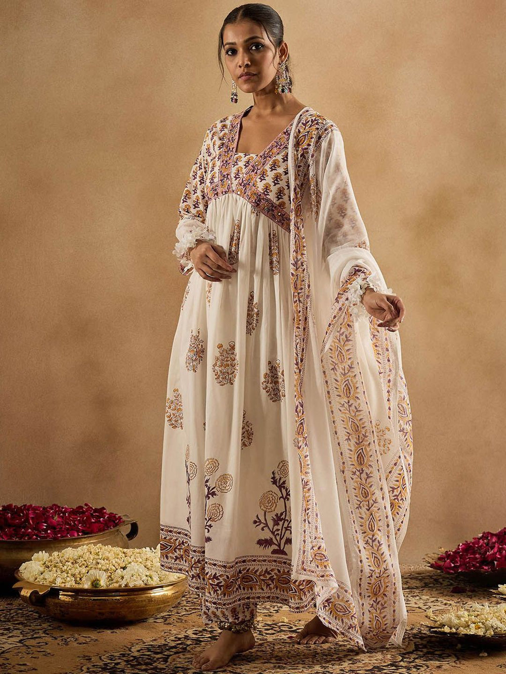 Indo Era Women Floral Printed Empire Pure Cotton Kurta with Trousers & With Dupatta - Distacart