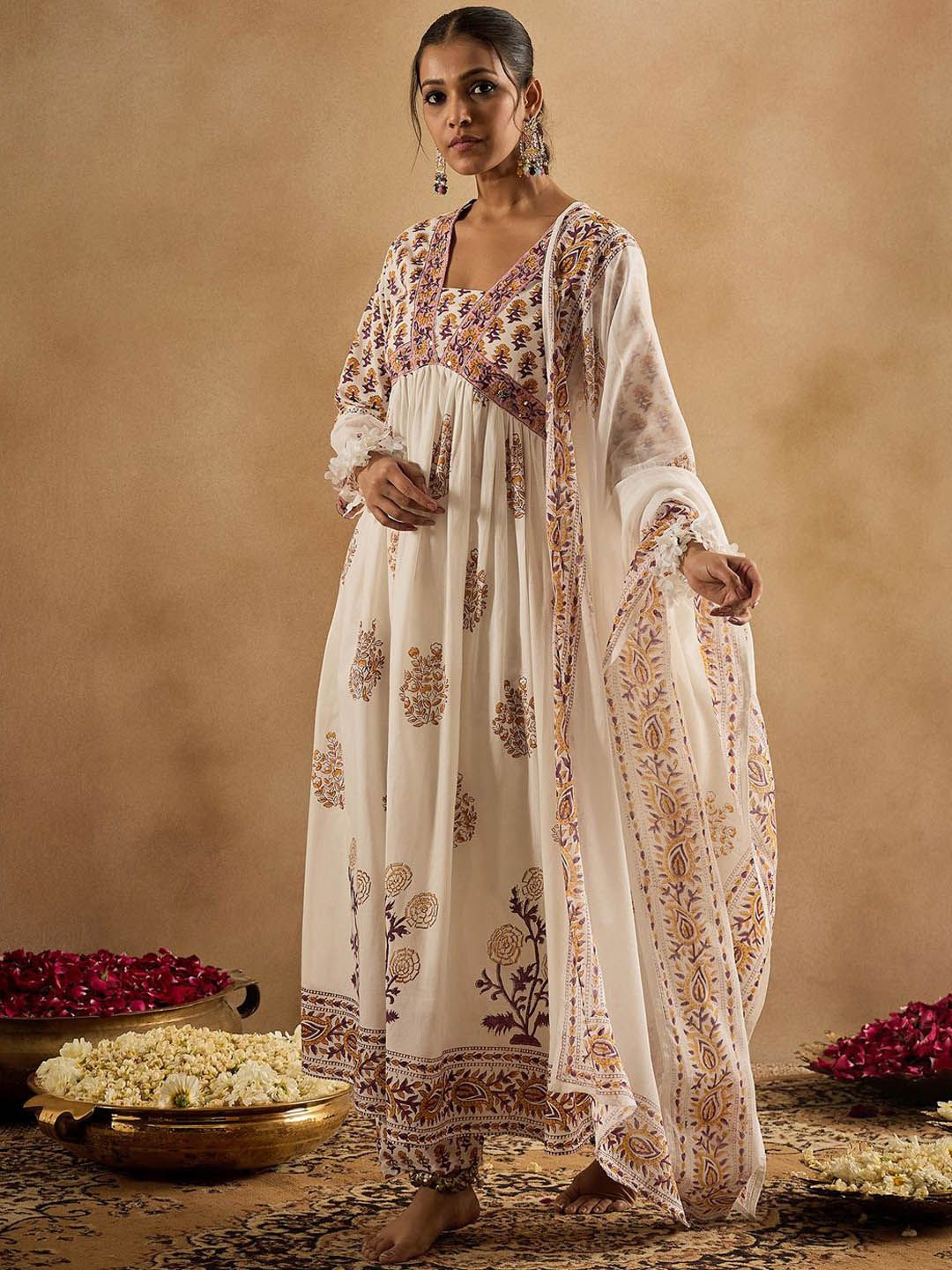 Indo Era Women Floral Printed Empire Pure Cotton Kurta with Trousers & With Dupatta - Distacart