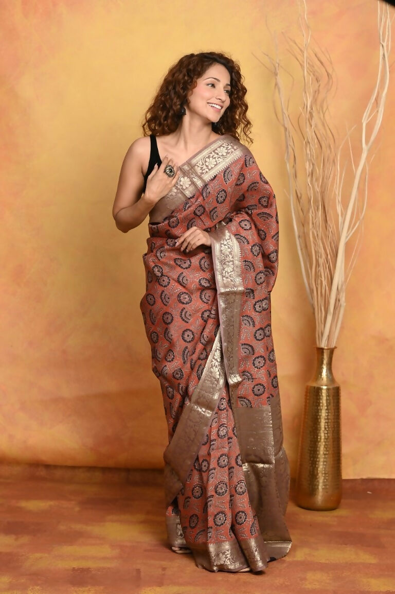 Very Much Indian Modal Silk Ajrakh Handblock Printed Natural Dyes With Designer Border Saree - Red