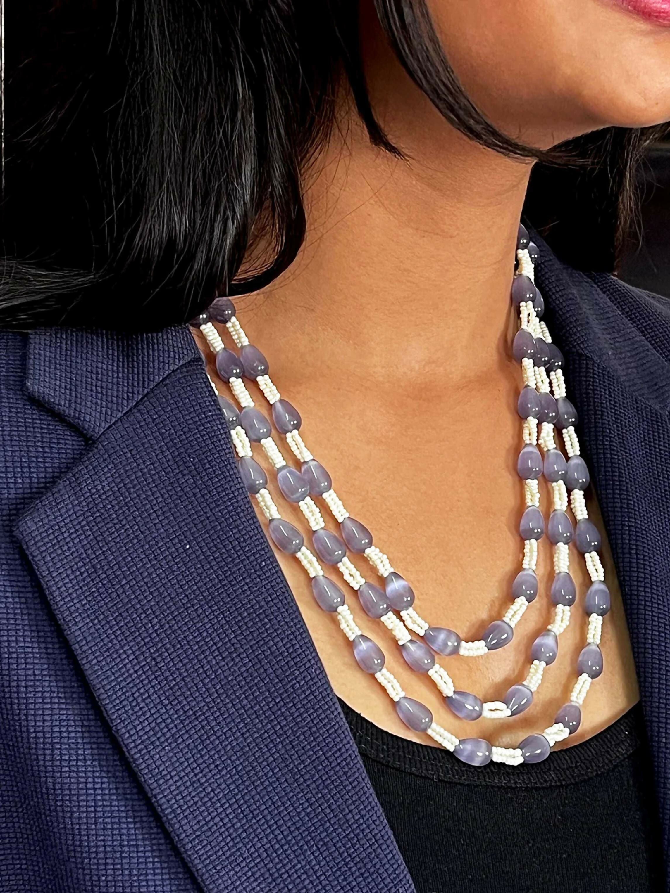 Joban Fashion Women Grey Glass Beads Single Colour Trendy Three Layered Mala - Distacart