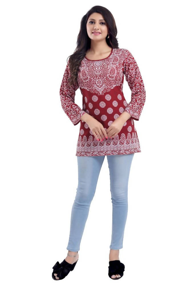 Snehal Creations Rust Faux Crepe Short Kurti Tunic