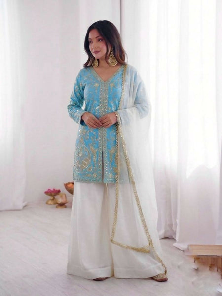 Teeya Creation Blue And White Color Fendy Silk Embroidery Work Wedding Wear Salwar Suit